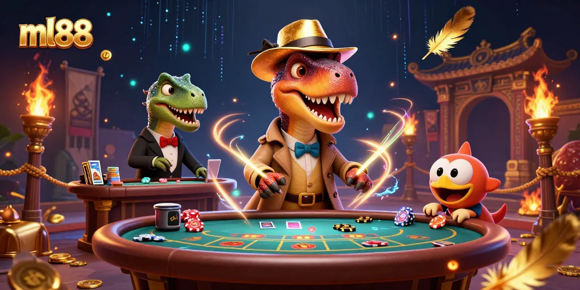 Experience dynamic gaming thrills at ml88 with a velociraptor card counter in an exciting casino scene.