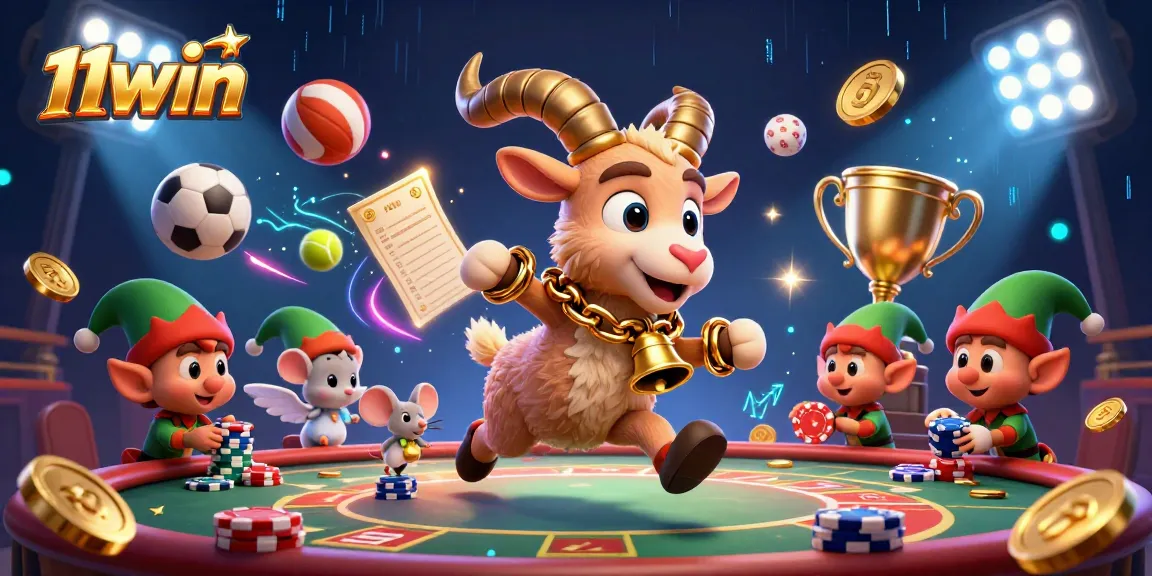11WIN casino illustration with a Krampus goat, angel mouse, and mischievous gremlins amidst dynamic sports action and vibrant casino elements.