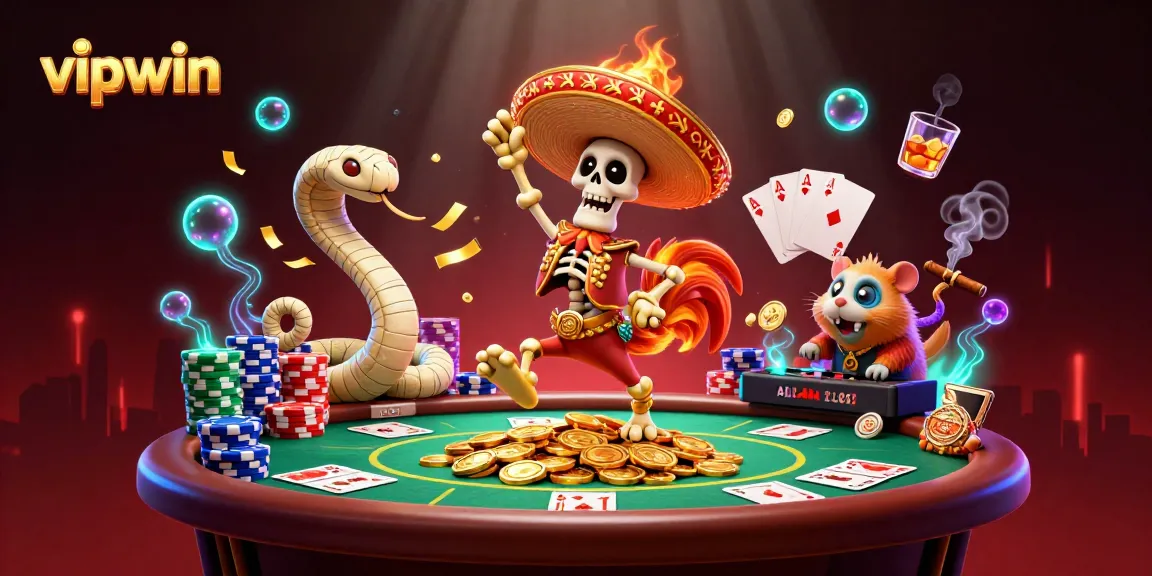 Experience the thrill of vipwin as a skeleton mariachi rooster celebrates winning on a pile of gold coins with poker elements.