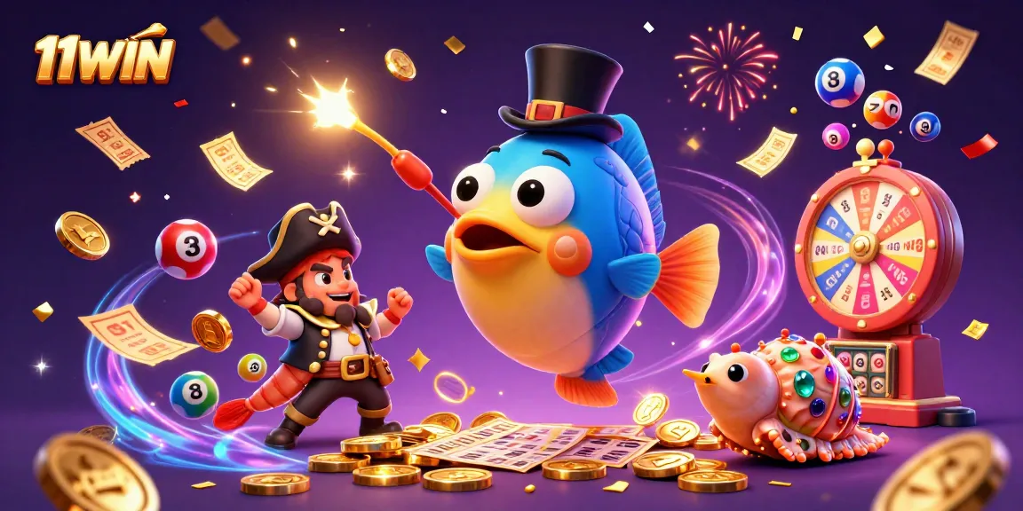 Experience exciting wins with 11WIN as the anglerfish lures golden coins in a vibrant casino scene.