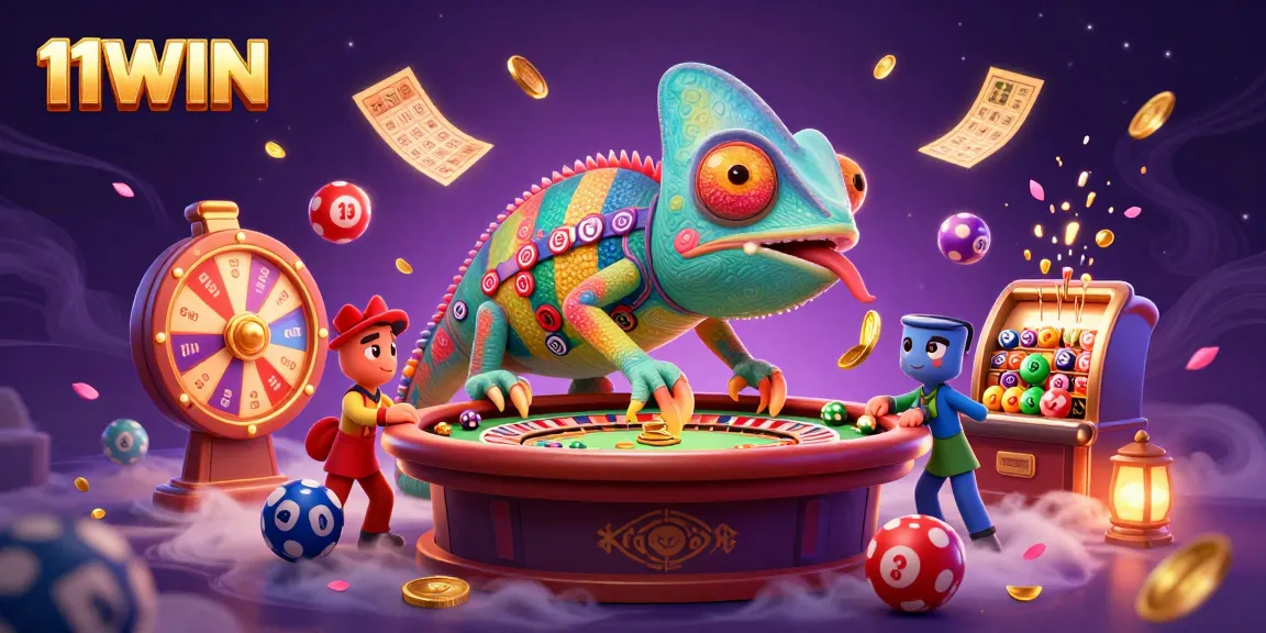 Engage with 11WIN in a vibrant casino scene filled with colorful lottery elements and a playful chameleon.