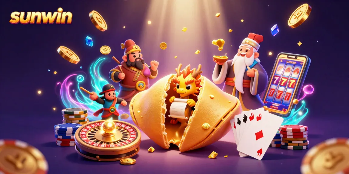Experience the thrill of sunwin as golden coins cascade around a lucky fortune cookie scene.