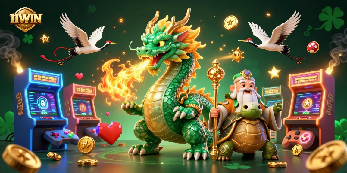 Experience the thrill of 11WIN with vibrant casino games and mythical characters in a 3D illustration.