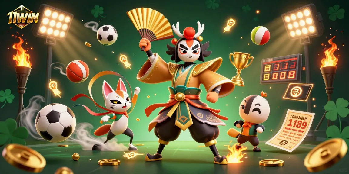 Bet on 11WIN with an energetic scene featuring a kabuki warrior and dynamic sports elements.