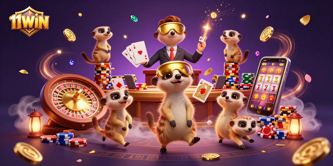 Experience the vibrant casino atmosphere at 11WIN with meerkats running games, dazzling coins, and thrilling action.