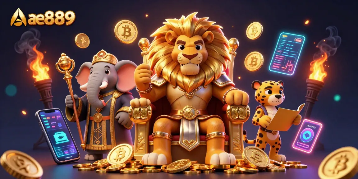Experience the excitement at ae889 with the fierce lion king and crypto elements in this vibrant casino scene.
