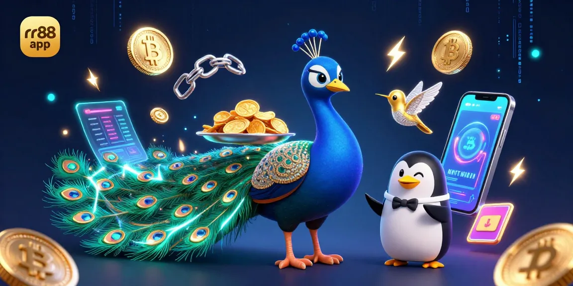 Play diverse games with the rr88 app in a captivating, vibrant casino atmosphere filled with crypto elements.
