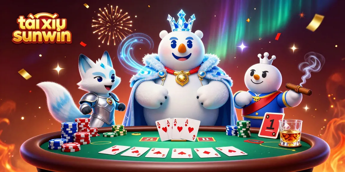 Win big with cái xỉu sunwin at an exciting poker table with polar bear and fox characters.