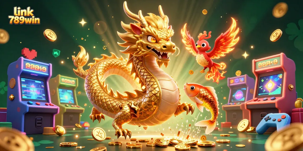 Experience thrilling action with link 789win in this engaging 3D casino scene featuring an energetic dragon, phoenix, and koi.
