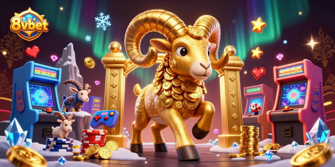 Engage with 8vbet's thrilling golden ram charging through a dynamic casino scene with game machines and decorations.