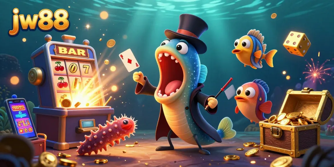 Experience the thrill of jw88 with animated characters performing magic tricks amidst vibrant casino elements.