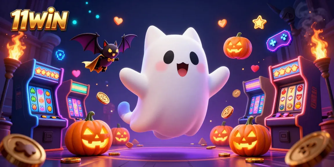 11WIN ghost cat explores a haunted casino with vibrant slot elements and a bat companion.