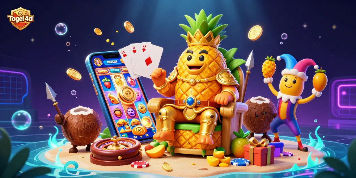 Togel 4d brings excitement as a playful golden pineapple king rules a vibrant casino beach scene.