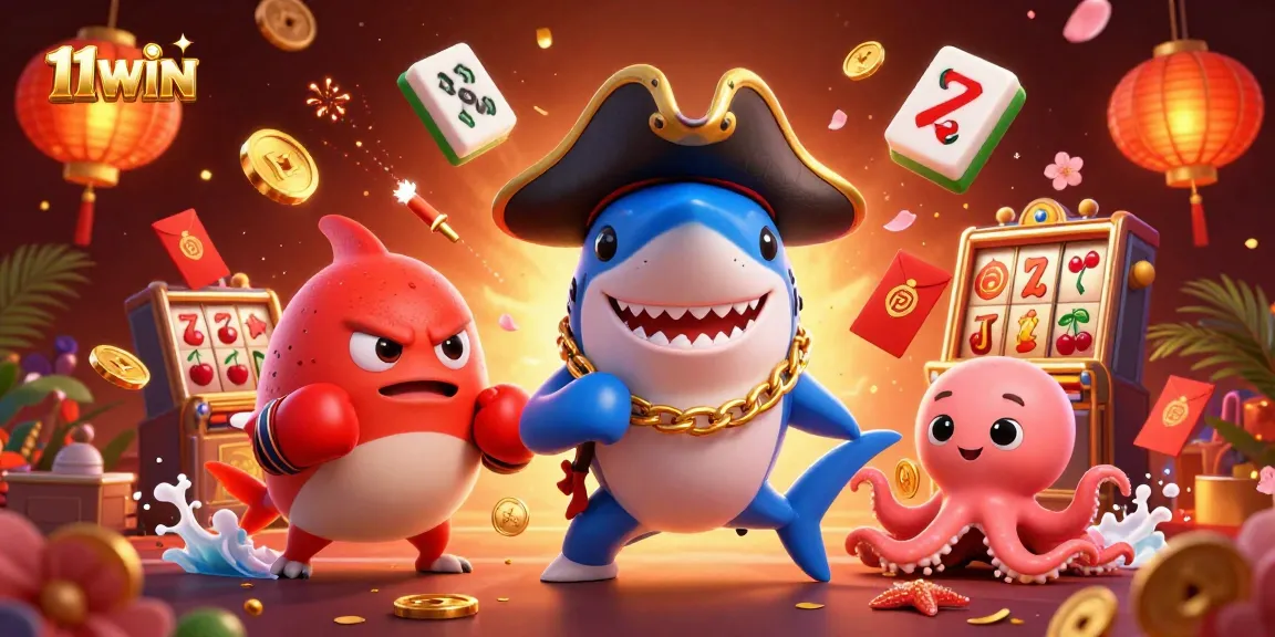 Engage in thrilling slots at 11WIN with adventurous cartoon characters and vibrant casino elements.