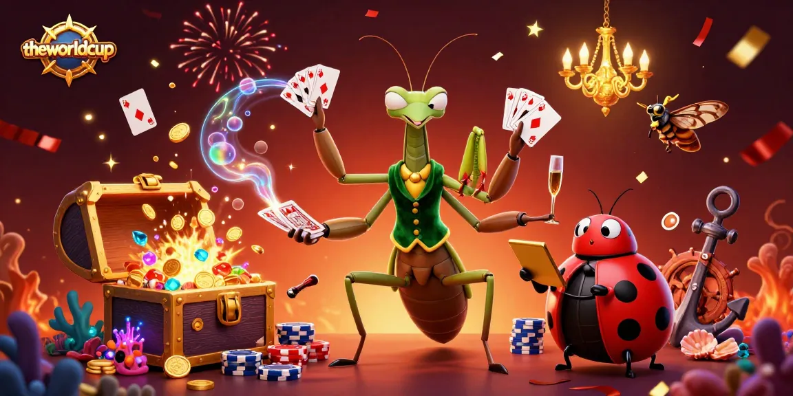 Theworldcup themed casino illustration featuring a giant mantis card dealer and ladybug pit boss amidst exciting game elements.