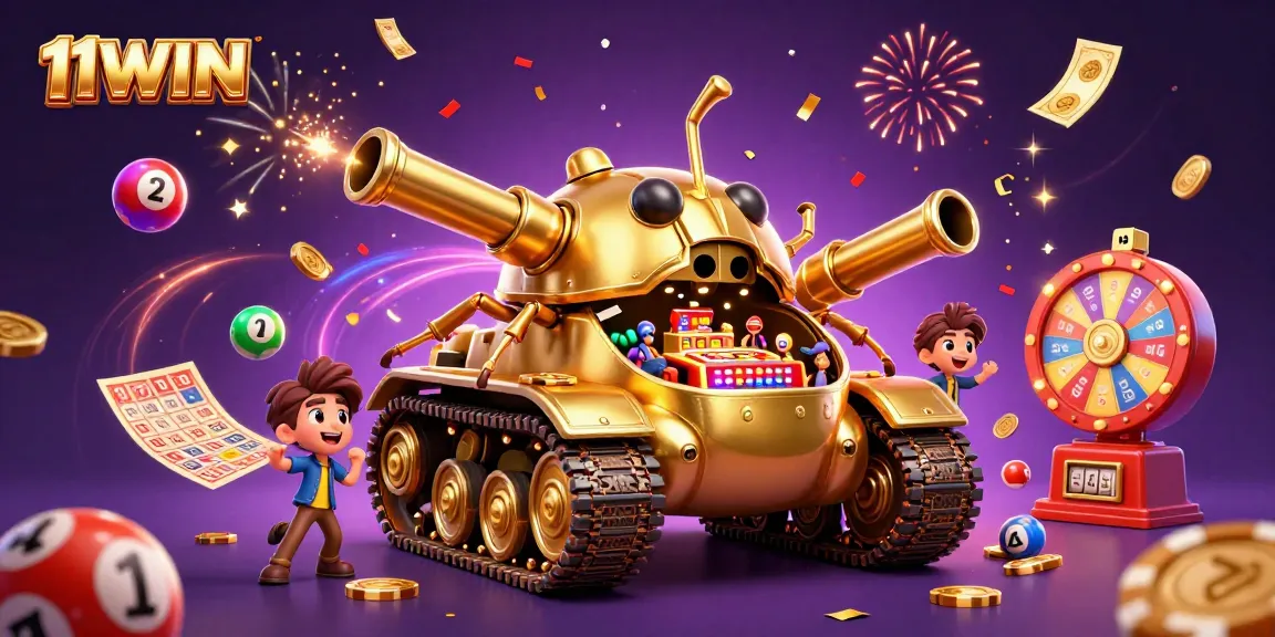 Experience the excitement of 11WIN with a vibrant casino scene exploding with action, prizes, and confetti.