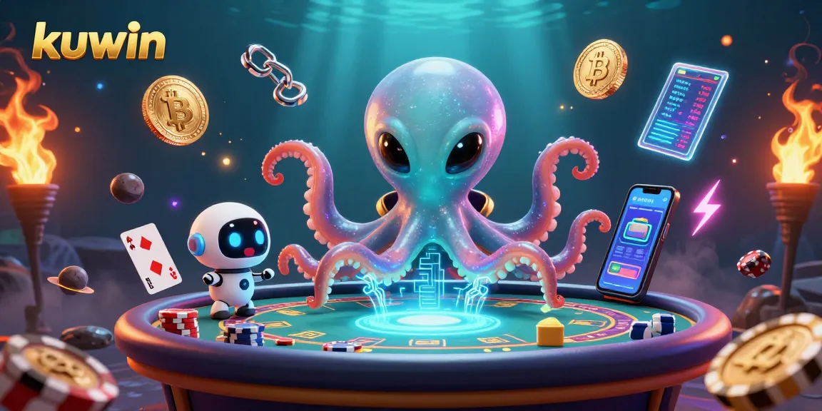 Kuwin elevates poker gameplay with an alien octopus and crypto elements in this vibrant illustration.