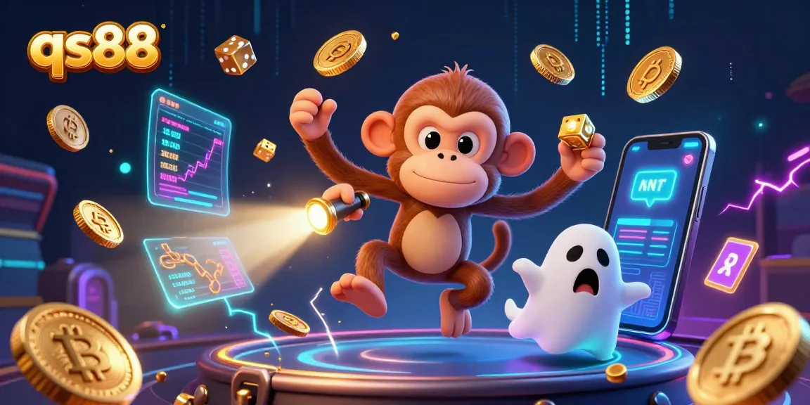 Experience lively gaming with qs88, where a mischievous monkey and ghost-hunter puppy track gold coins in a haunted casino.